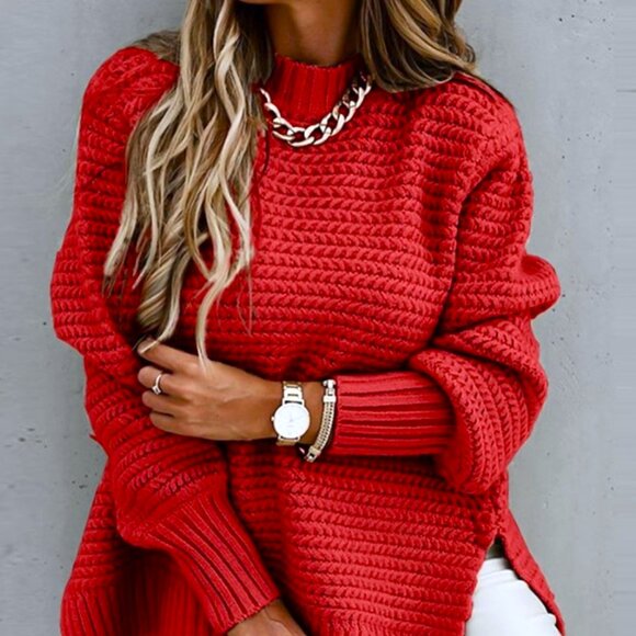 Pink Lemonade Couture Sweaters - RICH RED LOOSE WEAVE SIZE LARGE OVERSIZED MOCK TURTLENECK SWEATER
